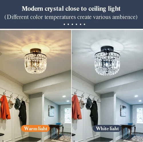 Miniatura 7 de YYJLX Lámpara de araña pequeña de cristal con 2 luces, moderna lámpara de techo semiempotrada para pasillo, cocina, vestíbulo (negro)