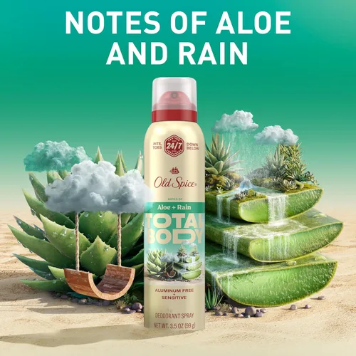 Miniatura 7 de Old Spice Desodorante en aerosol para todo el cuerpo para hombres, sin aluminio, aroma a aloe + lluvia, protección contra olores 24/7, frescura