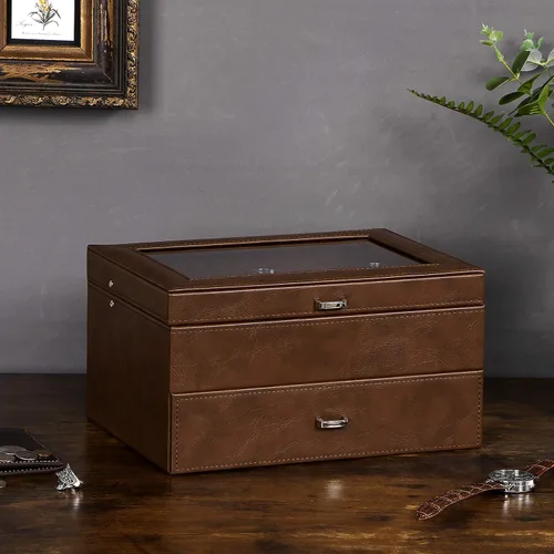 Miniatura 2 de BEWISHOME Caja organizadora de relojes para hombre, estuche de lujo para reloj, 20 ranuras, de piel sintética, con parte superior de cristal real