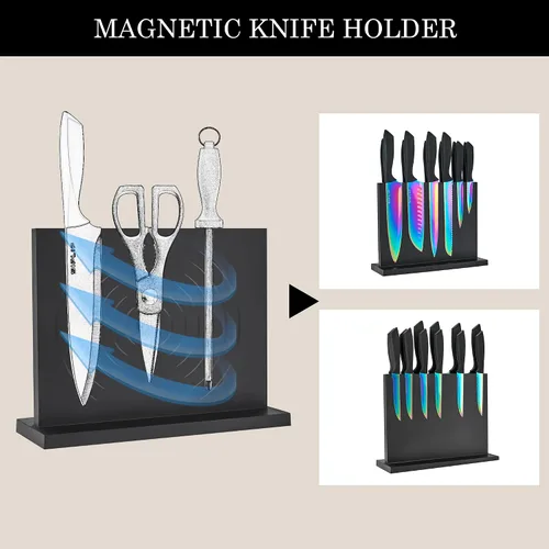 Miniatura 5 de Juego de 15 cuchillos de cocina de acero inoxidable de alto carbono con soporte magnético, incluye chef, pan, cuchillos de carne dentados y afilador