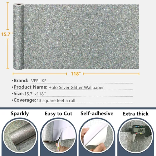 Miniatura 9 de VEELIKE Papel tapiz holográfico con purpurina plateada de 15.7 x 118 pulgadas, para pegar y despegar, extraíble, papel de contacto con purpurina