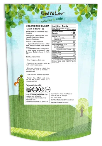 Miniatura 2 de Food to Live Quinua roja orgánica, 1 libra, sin OMG, grano entero, kosher, vegano, Sirtfood, a granel. Grano de cocción rápida. Gran reemplazo