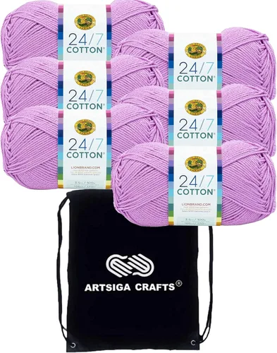 Miniatura 50 de Lion Brand 24/7 Algodón Rosa 761-101 (3 carretes - mismo lote de tinte) Hilado medio #4 de algodón para crochet y tejer con bolsa de proyecto
