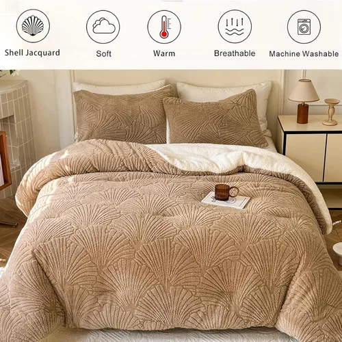 Miniatura 3 de tohrisa Seashell - Juego de edredón Jacquard Sherpa cálido y acogedor, ropa de cama premium de 2 piezas, tamaño individual con patrón geométrico