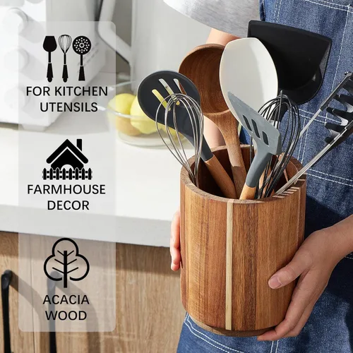 Miniatura 4 de Soporte para utensilios de madera de acacia para encimera de cocina, giratorio de 360° de 7.2 pulgadas, recipiente de madera para utensilios