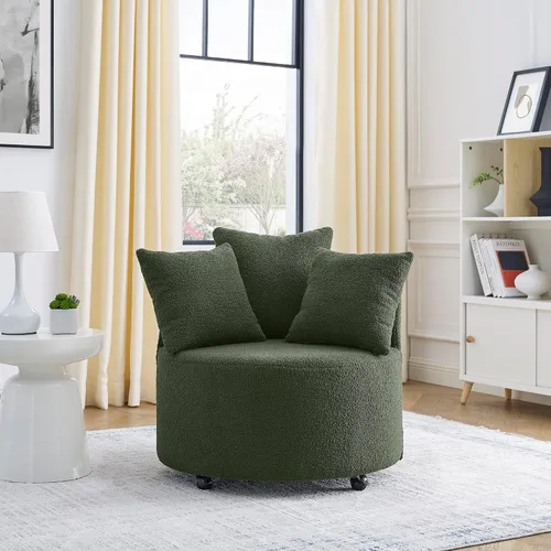 Miniatura 16 de Quarte Moderna silla tapizada de ocio, silla giratoria de tela de peluche con ruedas móviles y 3 almohadas, perfecta para sala de estar y dormitorio