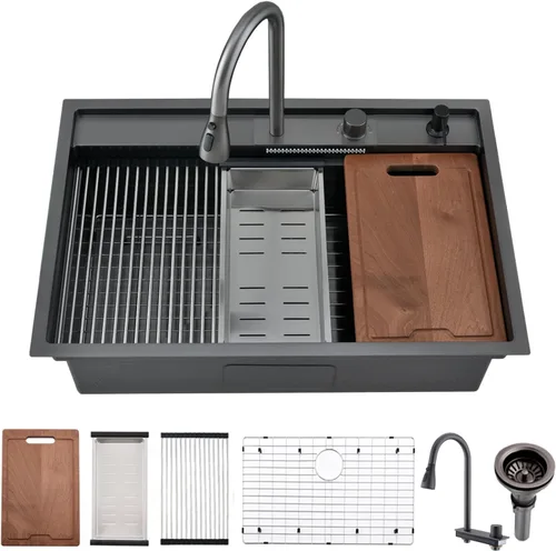 Miniatura 14 de Estación de trabajo de fregadero de cocina de 33 pulgadas - VOKIM 33 x 22 pulgadas, fregadero de cocina de montaje superior de 16 calibre, fregadero