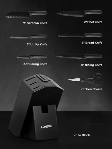 Miniatura 2 de FOHERE - Juego de cuchillos de cocina de 8 piezas con bloque de acero inoxidable de alto carbono, juego de bloques de cuchillos autoafilables