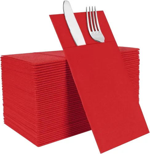 Servilletas rojas desechables con sensación de lino con bolsillo integrado para cubiertos, preplegadas para cuchillos y tenedores, servilletas de