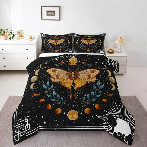 Erosebridal Juego de ropa de cama de mariposa dorada, juego de edredón de sol y luna, juego de edredón de luna completa y estrellas, juego de