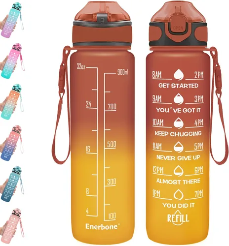 Enerbone Botella de agua de 32 onzas con tiempos para beber y popote, motivacional con correa para llevar, a prueba de fugas, sin BPA ni tóxicos,