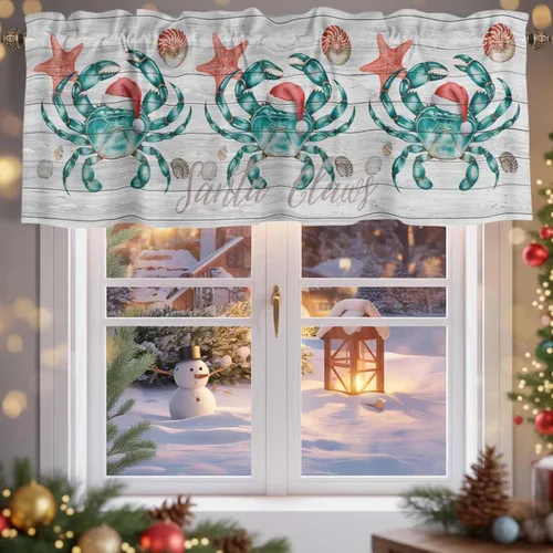 Miniatura 22 de Cenefas de gnomo de invierno para cocina, cafetería, cenefa de ventana de pino nevado de Navidad, cortinas cortas de copo de nieve azul, 60 x 18