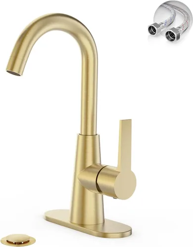 Phiestina WE10-BG - Grifo de lavabo de baño de una sola manija de oro cepillado de 4 pulgadas con placa de cubierta y mangueras de suministro, grifo