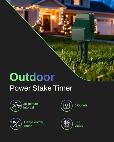 Miniatura 2 de BN-LINK Temporizador de estaca eléctrica para exteriores, impermeable, temporizador mecánico de 24 horas con 6 enchufes con conexión a tierra, cable
