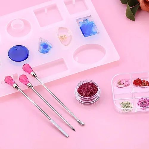Miniatura 9 de MSDADA Juego de 11 herramientas de molde de resina de silicona, aguja para agitar, cuchara, herramientas de pinzas, kit de precisión, pinzas