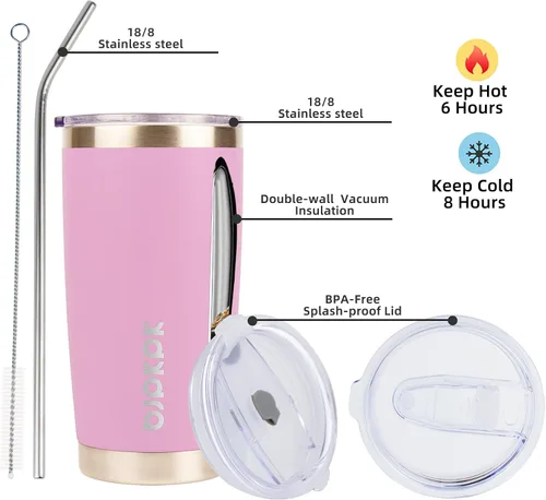 Miniatura 2 de BJPKPK - Taza/vaso de 20 onzas de acero inoxidable con aislamiento, taza de café con tapa y pajilla, color rosa claro