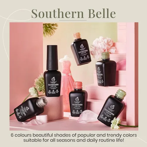 Miniatura 6 de beetles - Esmalte de uñas Shouthern Belle, juego de 6 esmaltes de color nude con purpurina, coral, verde, azul claro, semipermanente, usar con capa