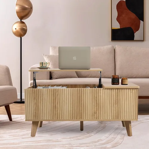 Miniatura 5 de Mesa auxiliar bohemia con tapa elevable con almacenamiento para sala de estar, dormitorio, mesa auxiliar rectangular baja acanalada con cajones