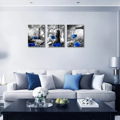 Miniatura 4 de Obras de arte de rosas de vino para paredes del hogar, blanco y negro con pintura de vino azul, decoración de comedor, cuadros de cocina azules