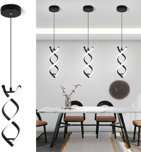 CANEOE Lámpara colgante LED en espiral, lámpara colgante LED integrada moderna de 15W 6000K, altura ajustable, lámpara de techo negra para isla de