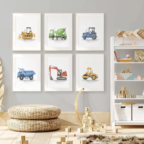 Miniatura 5 de Joocrise Juego de Arte de Pared de Camiones para Niños Set de 6 Decoración de Pared en Lienzo de Vehículos Camiones Arte de Pared de Construcción