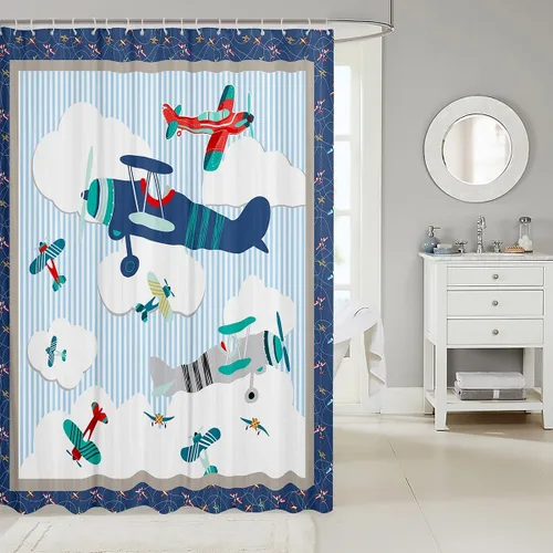 Miniatura 2 de Cortina de ducha de avión para niños, cielo azul y nubes blancas, juego de cortina de ducha para niños y adultos, cortina de baño moderna