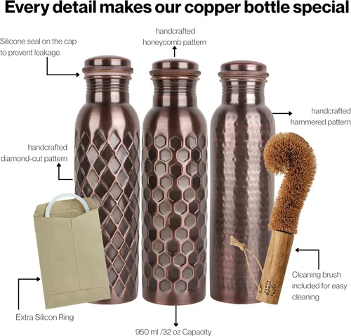 Miniatura 4 de Alpha Living Home Pure Copper Water Bottle Set of 3 - Handcrafted Drinking Bottles with Hammered, Diamond & Honeycomb Design - Leak Proof Wide Mouth