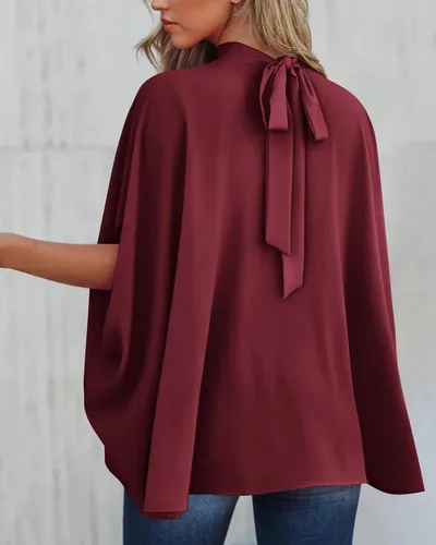 Miniatura 113 de BTFBM Blusas de verano para mujer, cuello alto falso, manga murciélago, holgadas, dobladillo alto y bajo, blusas informales de gran
