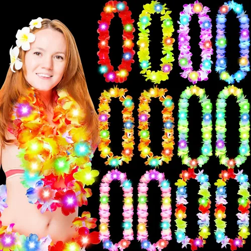 Miniatura 9 de Giegxin 12 collares con luces LED hawaianas Lei tropicales con luces LED Lei de arco iris artificial para niños y adultos, fiesta temática Hawaii
