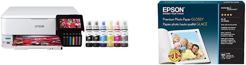 Epson EcoTank Photo ET-8500 Impresora inalámbrica a color todo en uno Supertank, blanco, grande y papel fotográfico premium S041727, 68 libras, alto