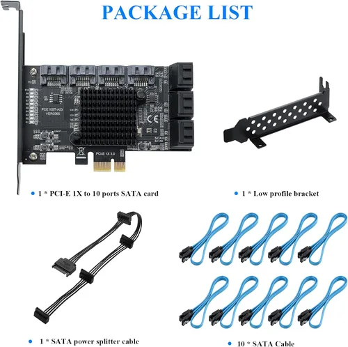 Miniatura 7 de Tarjeta de expansión PCIe 1 x SATA (10 puertos), tarjeta de expansión PCIe con controlador SATA 3.0 de 6 Gbps, no RAID, incluye soporte de perfil
