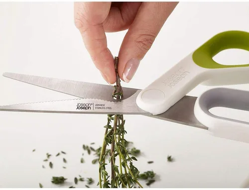 Miniatura 7 de Joseph Joseph PowerGrip Tijeras de cocina con agarre para el pulgar y separador de hierbas para limpiar acero inoxidable japonés, blanco/verde