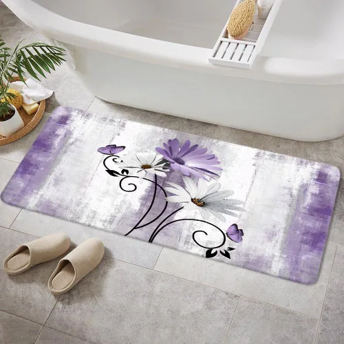 Miniatura 22 de Alfombra de Baño Rústica de Granja, Alfombra de Baño de Madera de Campo con Flores de Margaritas Moradas, Mariposas y Estilo Campestre, Alfombra