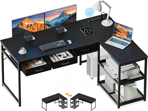 Miniatura 10 de AODK - Escritorio de computadora en forma de L de 53 pulgadas con cajones, con tomas de corriente y estantes de almacenamiento, soporte móvil