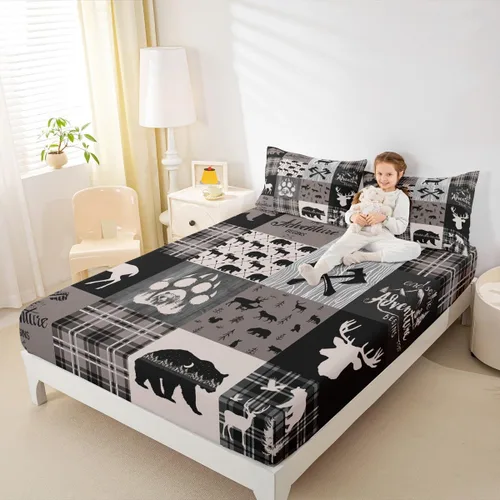 Miniatura 34 de Sábana bajera de retazos rústicos, sábanas de ciervos de oso para niños, adolescentes, adultos, mujeres, juego de ropa de cama rústica de granja