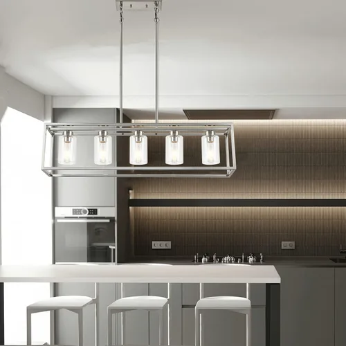Miniatura 3 de XILICON - Lámpara colgante de comedor estilo granja de níquel cepillado, 5 luces, moderna, lámpara colgante contemporánea con pantalla de cristal