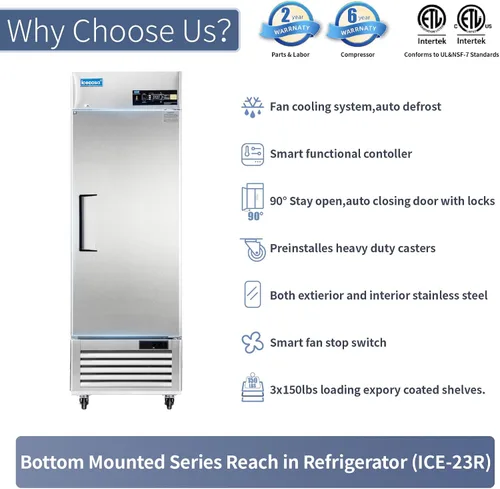Miniatura 5 de ICECASA Refrigerador comercial de 27 pulgadas de ancho, 23 pies cúbicos de una sola puerta sólida de acero inoxidable, ventilador de refrigerador