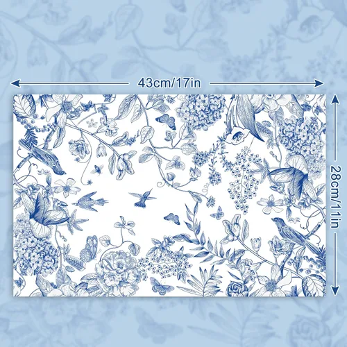 Miniatura 2 de AnyDesign Paquete de 50 manteles individuales de papel de flores y pájaros, ramas de hortensias azules y blancas, manteles individuales desechables