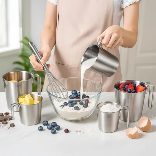 Miniatura 7 de Newness Juego de 2 tazas medidoras de acero inoxidable (3 marcas, incluye escala de taza/ml/onza) (2 y 3 tazas) taza medidora de metal con asa