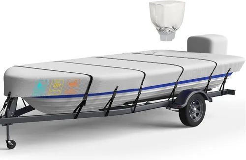 Cubierta de barco resistente de 5 capas 1200D para bote Jon de 16 pies - 18 pies con cubierta para motor, 100% impermeable, remolcable, cubiertas