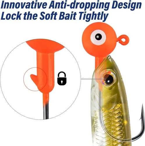 Miniatura 3 de Alwonder Paquete de 10 cabezas redondas de pesca, ganchos de róbala de lubina, ojos 3D, acero de alto carbono, 1/8-1/2 onzas, cabeza de plantilla