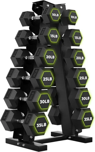 Miniatura 22 de HANDBODE Juego de mancuernas hexagonales recubiertas de goma con estante de marco en A, 100 libras - 600 libras, múltiples opciones