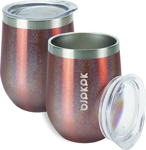 Miniatura 18 de BJPKPK 2 vasos de vino aislados de 12 onzas, tazas de café al vacío de doble pared de 12 onzas con tapa, vasos de vino de acero inoxidable A-verde