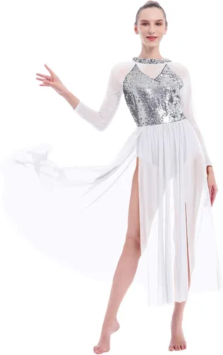 AFAVOM Vestido de baile lírico para mujer, disfraz de baile contemporáneo, manga larga, malla de lentejuelas, falda de tul fluida, ropa de baile