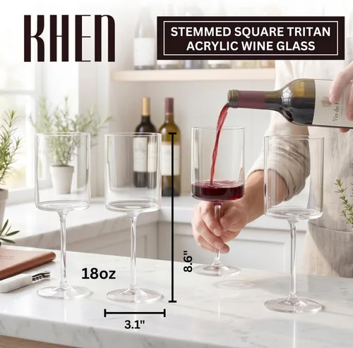 Miniatura 2 de Copas de vino acrílicas de Tritan cuadradas irrompibles, estilo europeo, juego de 4, 100 % estadounidenses, 18 onzas, aptas para lavavajillas