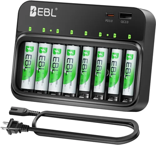 EBL Baterías recargables y cargador, AA 2800mAh 4 paquetes y AAA 1100mAh 4 paquetes con cargador de batería inteligente PD 20W con puertos USB-C y