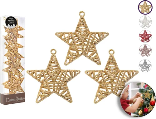 Christmas Traditions Adornos de estrella de ratán dorado con purpurina 3D de 4 pulgadas para colgar en árbol/regalos de Navidad, decoración de mesa