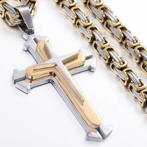 Miniatura 3 de Trendsmax - Collar con colgante de cruz para hombre, acero inoxidable, cadena bizantina de 22 24 26 28 30 pulgadas