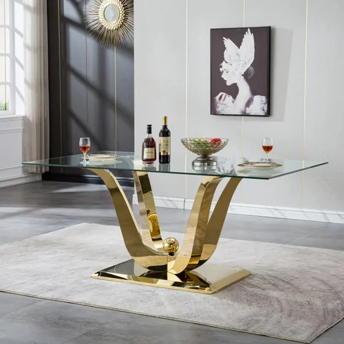 Mesa de comedor moderna de vidrio de 70 pulgadas para 6-8, mesa de comedor de cristal dorado de lujo con base de acero inoxidable en forma de flores