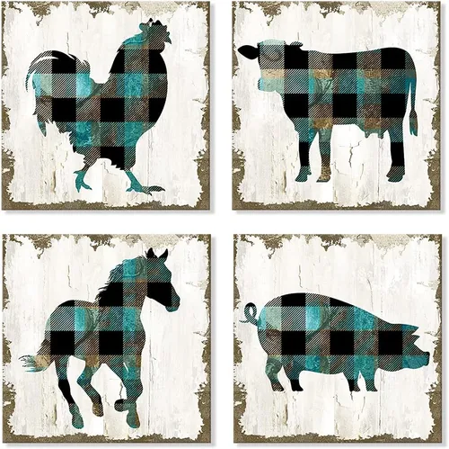 Miniatura 2 de SEVEN WALL ARTS 4 piezas de arte familiar retro de granja de moda, gallo de vaca, caballo y cerdo, impresiones de animales vintage, pintura verde